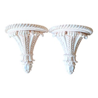Vintage Plaster White, Cream Acanthus Leaf Wall Sconce Shelves- a Pair For Sale