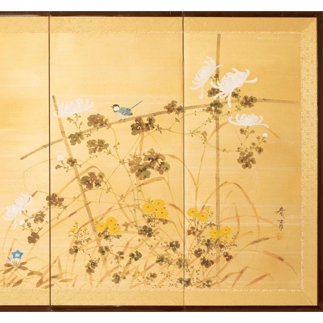 Japanese "Tit and Chrysanthemums", Showa Era Japanese Painted Silk Bybu Screen For Sale - Image 3 of 18