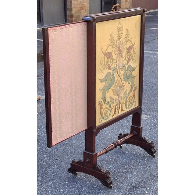 19th Century Victorian Carved Walnut and Embroidered Silk Rolling Fireplace Screen For Sale - Image 10 of 13