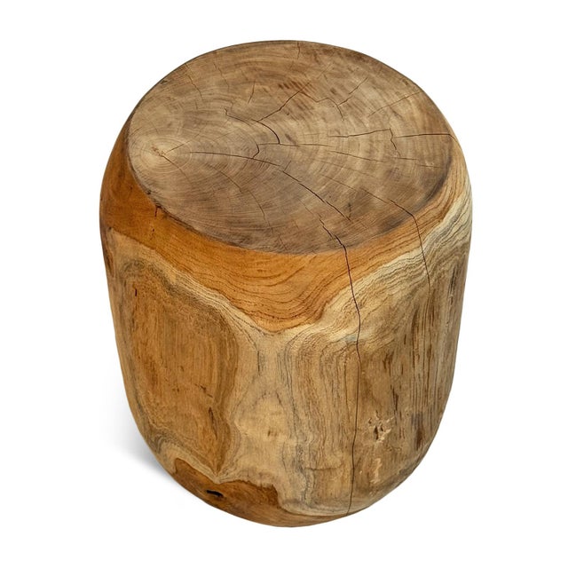 Vintage raw natural teak wood round drum style stool or side table. Beautiful rustic organic modern style perfect for many...