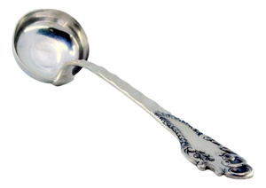 Silver Soup Ladle with Wavy Reliefs on the Handle, Featuring a Monogram Card