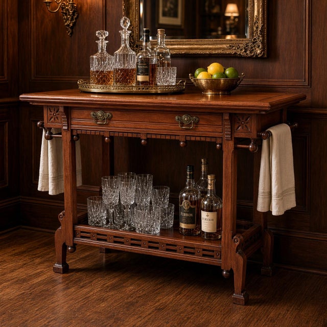 Early 20th century Victorian ball and stick accent table, which can function beautifully as a dry bar, with a drawer for...