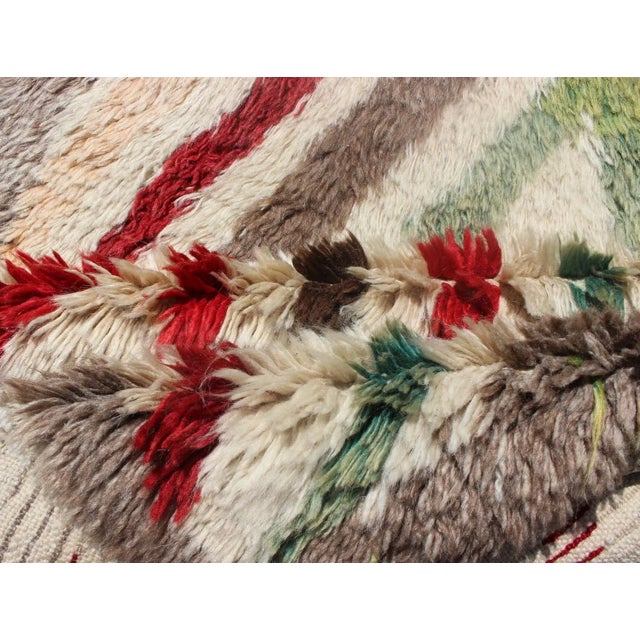 Mid 20th Century Vintage Turkish Tulu Runner With Tribal Design in Cream, Green, Red and Brown For Sale - Image 11 of 13