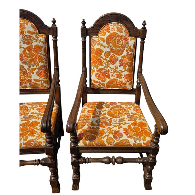 Jacobean 1970s Ethan Allen Jacobean Royal Charter Oak Dining Room Armchairs Gothic Pair For Sale - Image 3 of 14