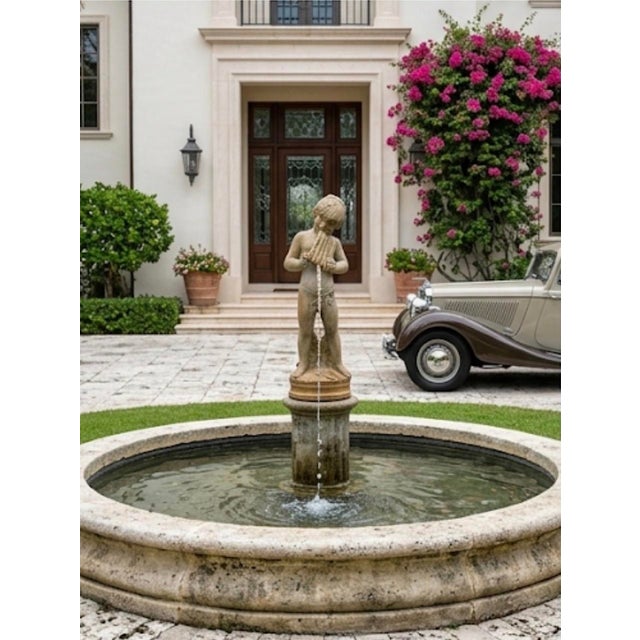 Vintage Cast Stone Centerpiece Fountain Featuring a Pan Flute Playing Putto on a Column For Sale - Image 12 of 12