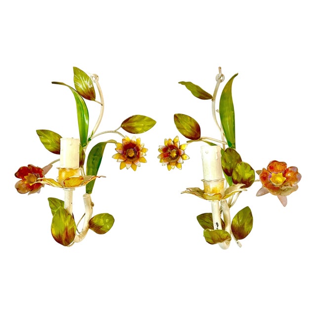 Floral Wall Lights in Metal, 1960s, Set of 2 For Sale