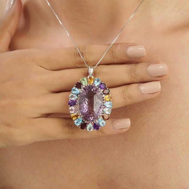Ornate Victorian Style Multi-Gemstone Pendant in 925 Sterling Silver For Sale - Image 4 of 11