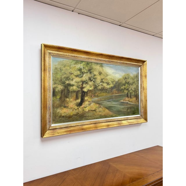 Vintage Oil Painting Landscape Father Son Fishing River Impressionist on Canvas For Sale - Image 4 of 15