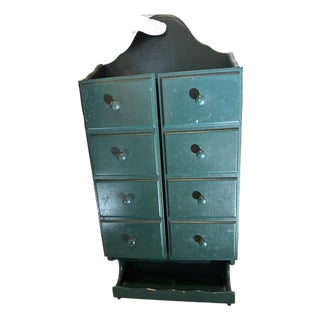 Vintage Primitive Wooden Spice Cabinet Cabby Wall-Mount Decor Dark Green For Sale