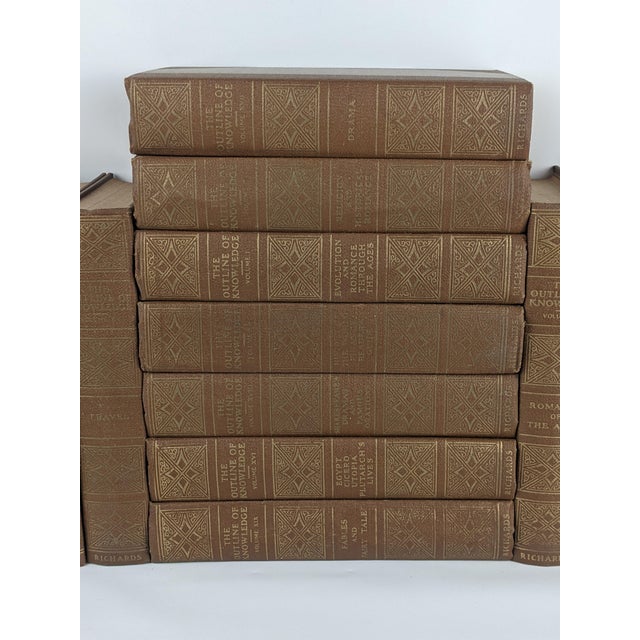 1920s 1924 the Outline of Knowledge 19-Volume Brown & Gold Gilt Decorative Book Set For Sale - Image 5 of 15