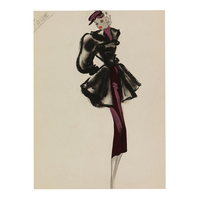Vintage French Fashion Art Print – Black & Purple Art Deco Illustration, 24" X 32" For Sale