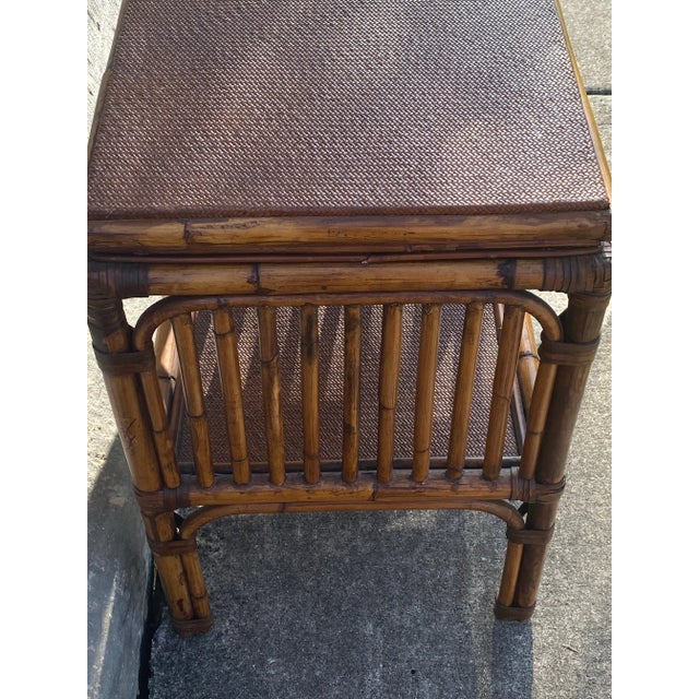 Boho Chic Bamboo Table . Mid Century Modern Bamboo Table. Bamboo and Rattan Table With Woven Top Detail and Shelf For Sale - Image 3 of 12