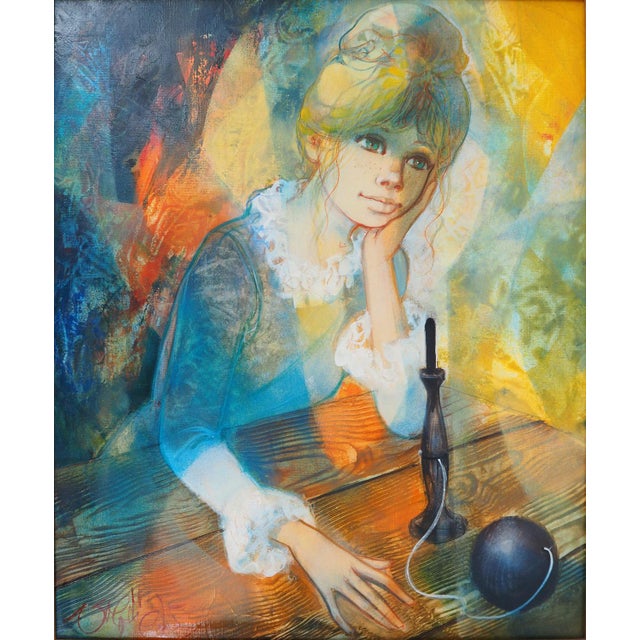 Modern Jean-Baptiste Valadie, Meditation, The Young Girl with the Cup and Ball, 1975, Oil on Canvas For Sale - Image 3 of 11