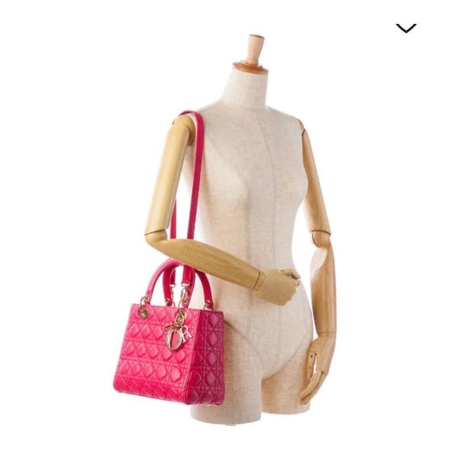 Animal Skin Christian Dior Lady Dior Large Lambskin Hot Pink / Fuschia Handbag, Excellent For Sale - Image 7 of 18
