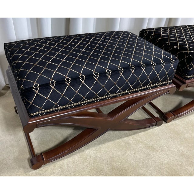 Hollywood Regency Pair of Ottomans by Sam Moore Furniture (Hooker Furniture Co) Black & Gold Fabric With Mahogany X Form Legs For Sale - Image 3 of 13