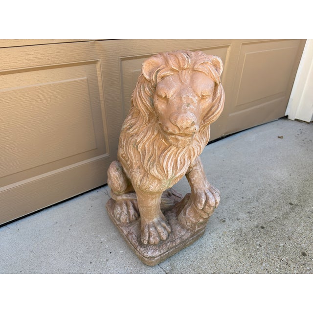 Vintage Italian Provincial Cast Concrete Lion Garden Statue With Weathered Terracotta Finish For Sale - Image 9 of 12