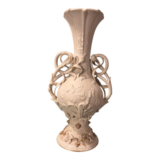 Antique Victorian Parian Porcelain 16" Floral Decorated Handled Vase For Sale