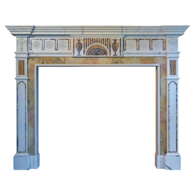 Large Georgian Style Fireplace Mantel in Statuary and Bluejohn Marble For Sale