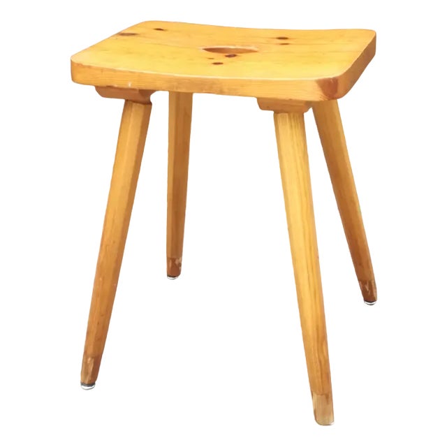 Pine Stool with Concave Seat and Pencil Legs, France, 1970s For Sale