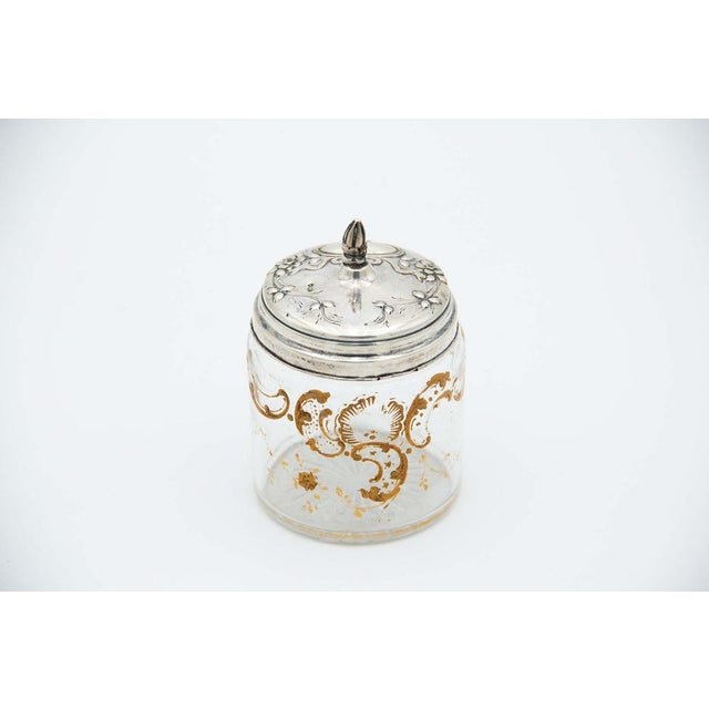 Cut and Gold-Painted Glass Bottle with a Silver Lid Featuring Embossed Floral Motifs For Sale - Image 3 of 3