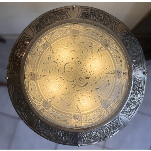 Silver Art Deco A La Nuit Étoilée Ceiling Light in Pressed Molded Glass and Nickel-Plated Bronze by Müller Frères Lunéville, 1930 For Sale - Image 8 of 18
