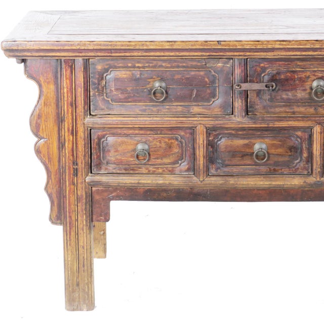 19th Century Chinese 68" Long Elm 7 Drawer Sideboard Buffet Table