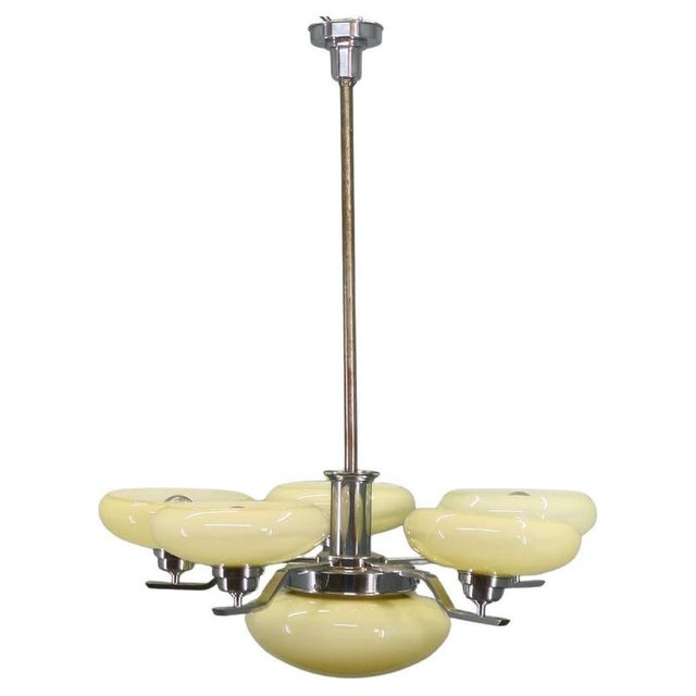 Art Deco Chrome Chandelier with 6 Opaline Glass Shades, 1930s For Sale - Image 14 of 14