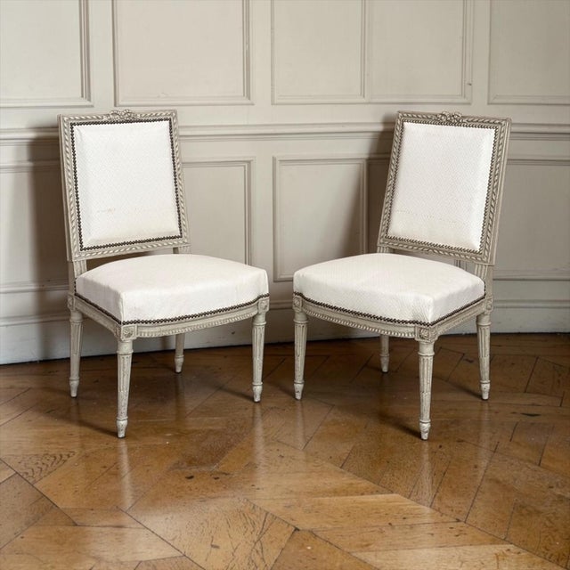 French Pair of French 19th Century Louis XVI Painted Chairs For Sale - Image 3 of 18