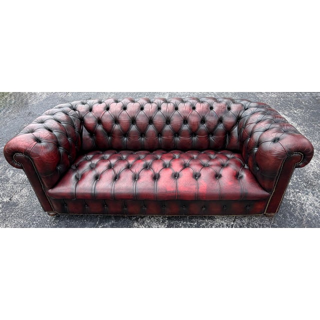 Mid-Century Modern Pair of English Chesterfield Sofas in Burnished Burgundy Leather, Circa 1950s For Sale - Image 3 of 13