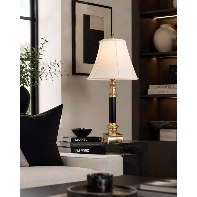Metal Vintage Brass & Black Column Table Lamp With Square Base & New Ivory Shade For Sale - Image 7 of 7