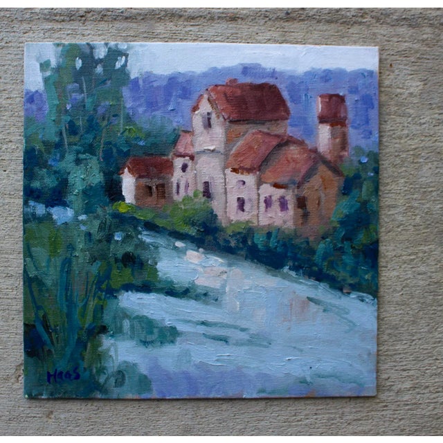 Original oil painting of a canal in France. Oil on linen panel. 10x10 Signed: Haas Unframed. Frames shown are for sample...