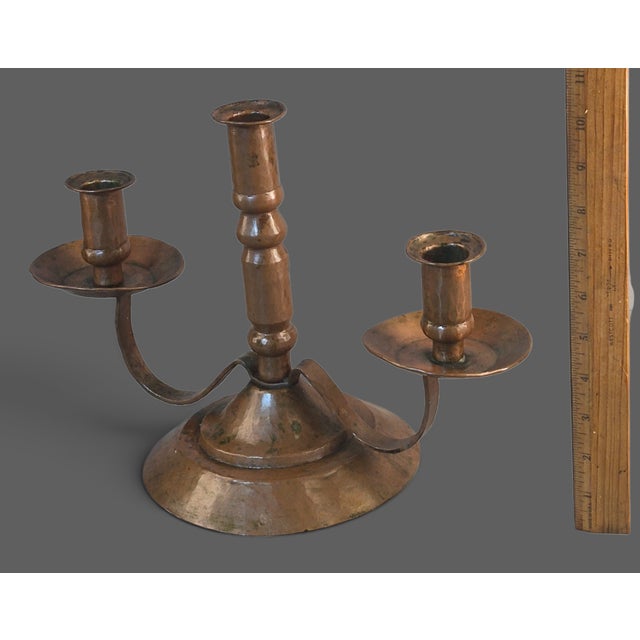 Vintage Arts & Crafts Hand Hammered Copper Three Light Candle Holder For Sale - Image 6 of 11