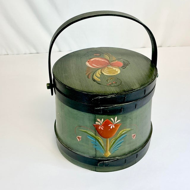 Wood 1950s Vintage Gustavian Rustic European Farmhouse Tole Hand Painted Wooden Sap Bucket For Sale - Image 7 of 14