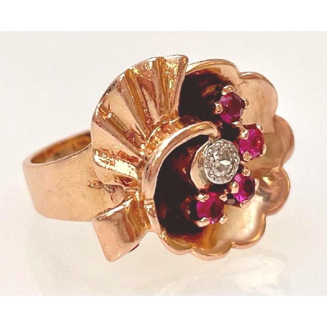 Retro Modern Spiral 14k Rose Gold Ruby & Diamond Ring 1940's Size 6.5 For Sale In Chicago - Image 6 of 8