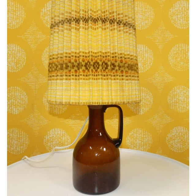 Amber Glass Table Lamp with Yellow Patterned Pleated Shade, 1970s For Sale - Image 9 of 11