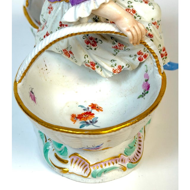 Meissen Rococo Figural Sweetmeat Dish Seated Maiden with Twin Floral Baskets For Sale - Image 9 of 13