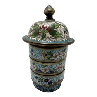 Antique 19th Century Chinese Cloisonné Stacking Box, Late Qing Dynasty, Blue Enamel, Scholar Accessory For Sale