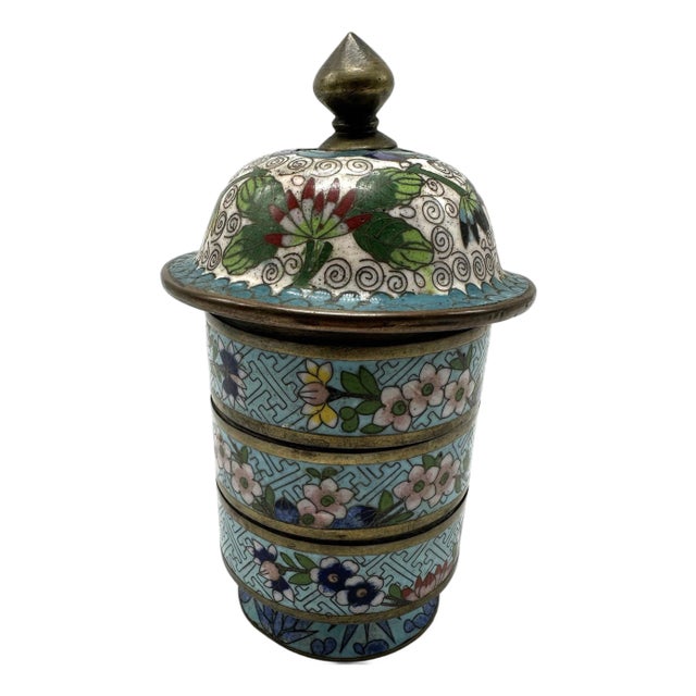 Antique 19th Century Chinese Cloisonné Stacking Box, Late Qing Dynasty, Blue Enamel, Scholar Accessory For Sale