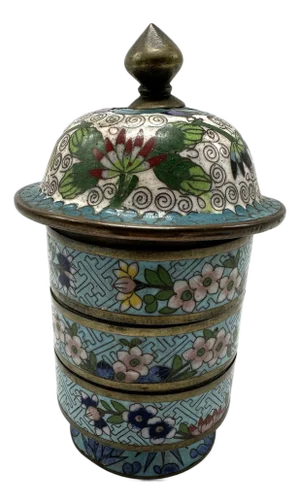 Antique 19th Century Chinese Cloisonné Stacking Box, Late Qing Dynasty, Blue Enamel, Scholar Accessory