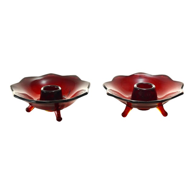 Fenton Ruby Red Glass Candle Holders – A Pair For Sale