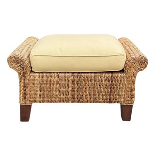 Vintage Woven Banana Leaf Ottoman With Upholstered Cushion For Sale