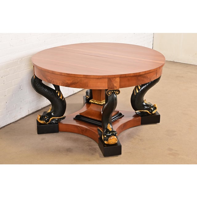 Late 19th Century Antique Italian Regency Cherry and Burl Wood Parcel Ebonized Dolphin Base Monumental Extension Dining Table, Circa 1890s For Sale - Image 5 of 12