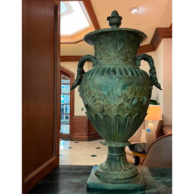 51”h Spectacular Miami Beach Vintage Urn With Lid Classic Cast Bronze Verdigris Patinated - A Pair For Sale In Miami - Image 6 of 12