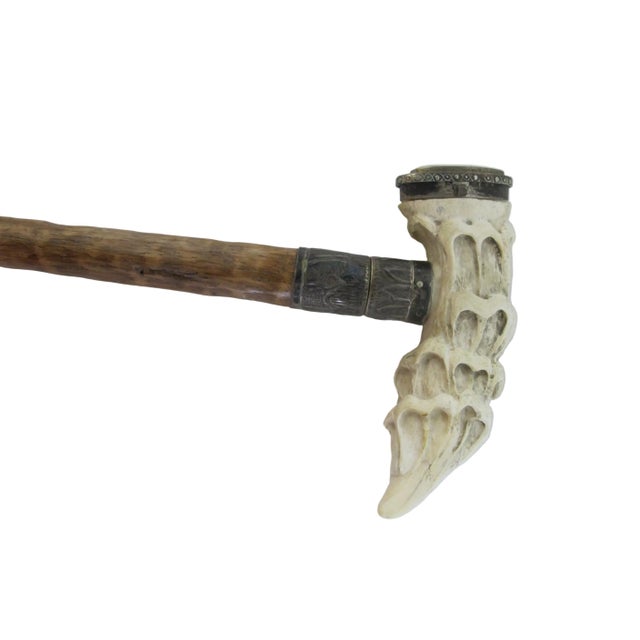 Victorian Carved Deer Stag Antler Snuff Box Walking Stick Cane With Hidden Corkscrew For Sale - Image 3 of 10