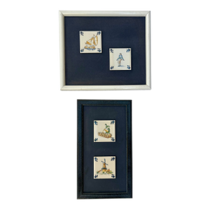 Late 20th Century Regina Delft Polychrome Framed Tile Coasters, Set of 2 Hangings