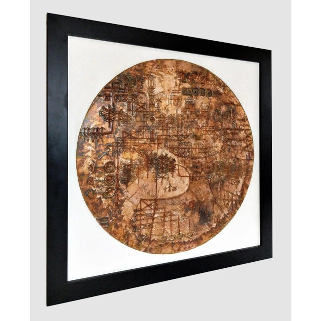 Original Artwork by Heshi Yu, depicts a cityscape scene in the mid century modern style in canvas with vibrant gold and...