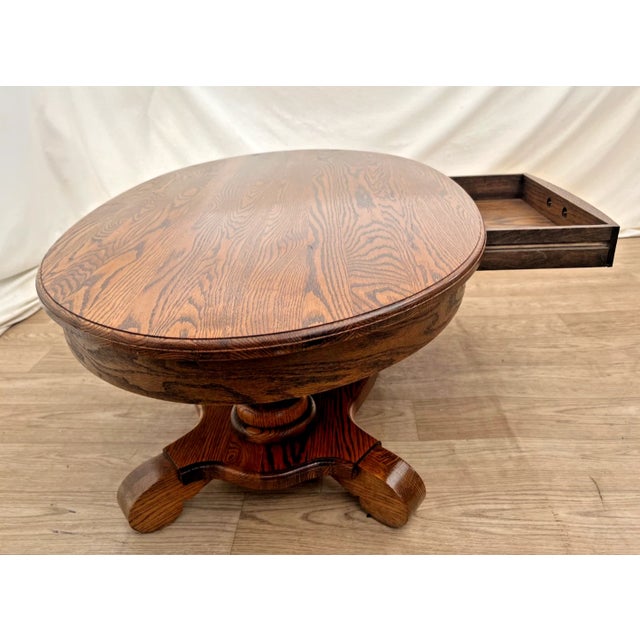 Vintage Oval Coffee Table Tiger Oak, Center Drawer, Shelf, Columns, Empire Style For Sale In Palm Springs - Image 6 of 10