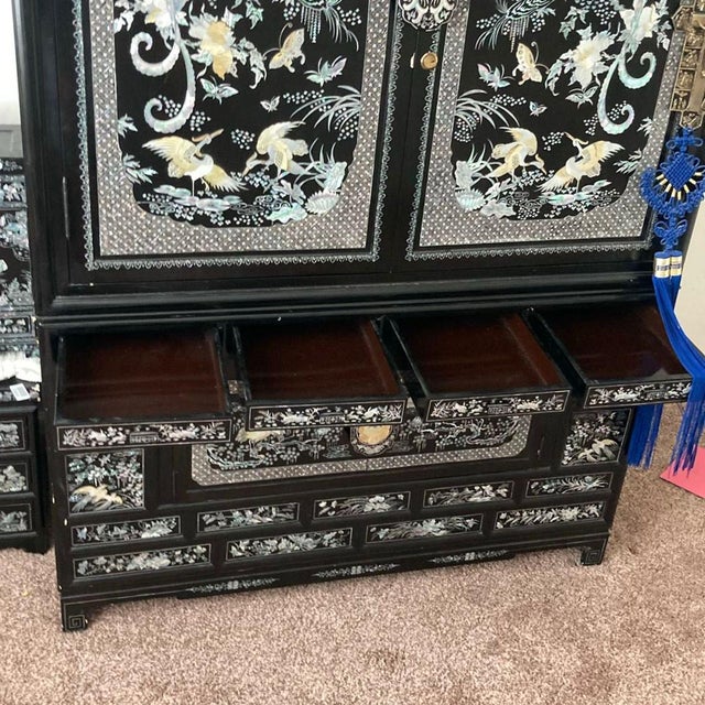 Black 1970s Elegant Black Asian Cabinet With Mother of Pearl Inlay and Crane Design For Sale - Image 8 of 9