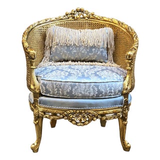 Baroque Style Sky Blue Damask Armchair – Gold Leaf Accent Chair With Pillow For Sale