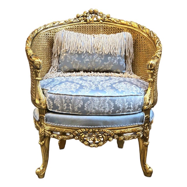 Baroque Style Sky Blue Damask Armchair – Gold Leaf Accent Chair With Pillow For Sale